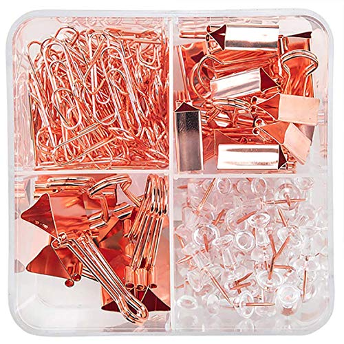 COOLOOK Rose Gold Binder Clips - Binder Clips Paper Clips Push Pins Sets with Box for Office & School and Home Supplies (Rose Gold)