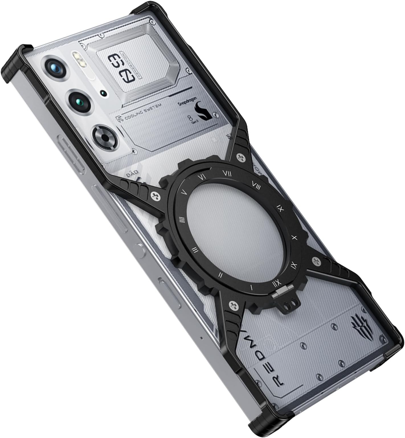 Premium Aluminum Frameless Bumper Case Compatible with Nubia Red Magic 9 Pro/9S Pro, Mechanical Gear Style Cool Design Luxury Metal Shockproof Slim case with Kickstand (Black)