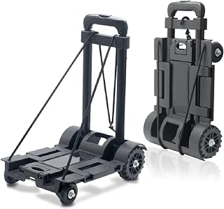 Carro de Mano Plegable, 142 Libras,65 kg Resistente 4 Ruedas portátil, Carrito de Viaje Ligero con cinturón de encuadernación para Compras, Camping, Transporte de artículos de Viaje, Color Negro