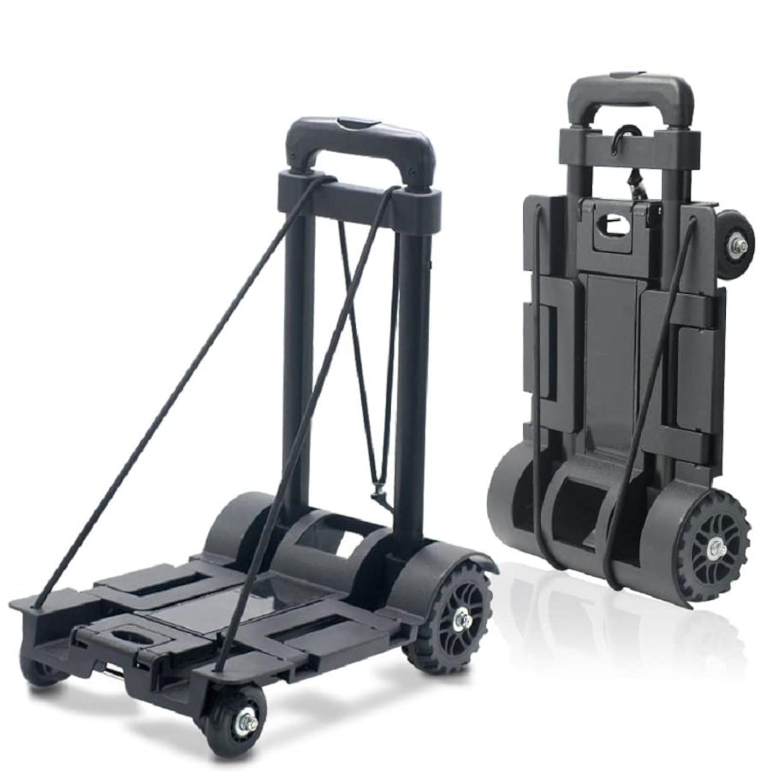 Carro de Mano Plegable, 142 Libras,65 kg Resistente 4 Ruedas portátil, Carrito de Viaje Ligero con cinturón de encuadernación para Compras, Camping, Transporte de artículos de Viaje, Color Negro