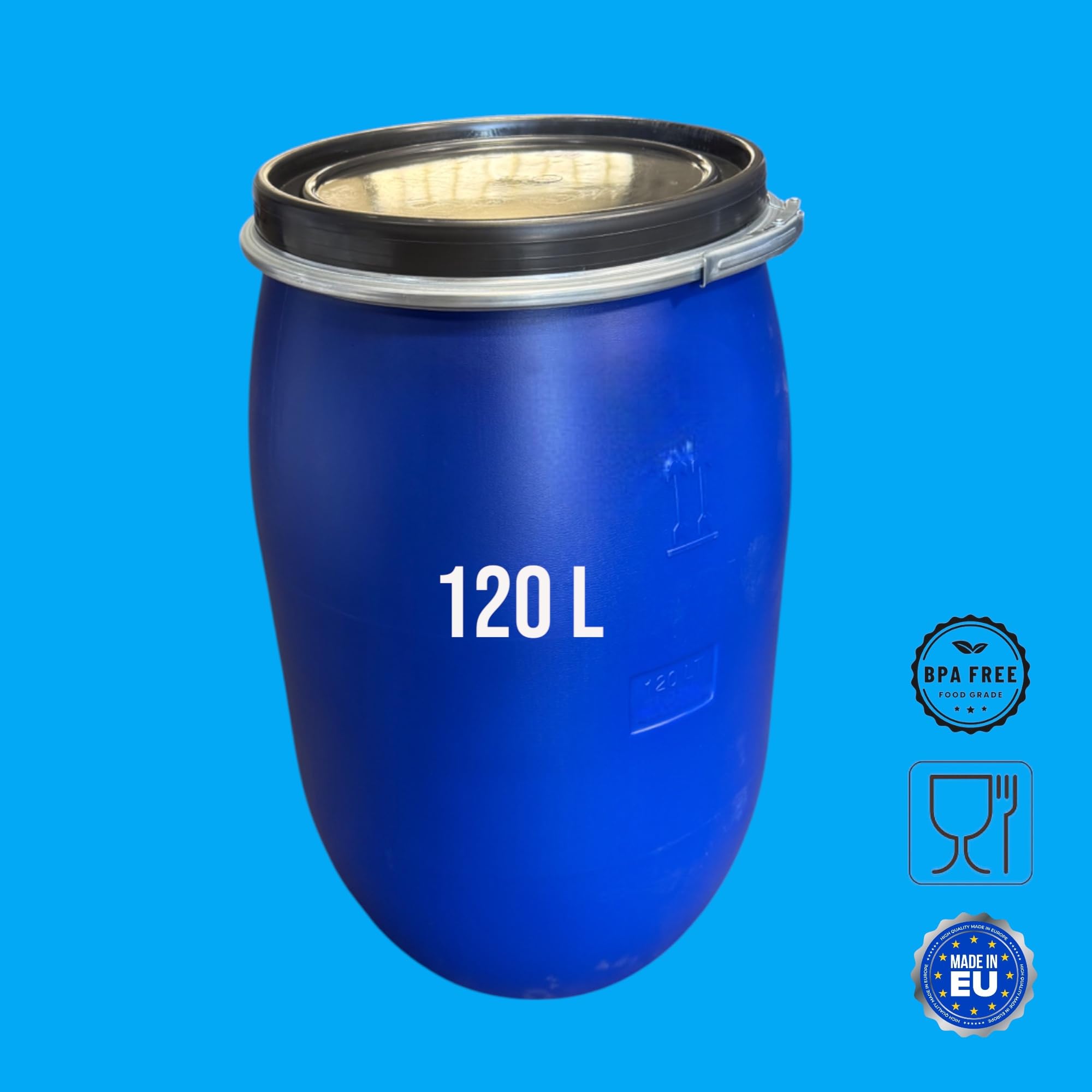 Fut plastique 120 Litres avec Couvercle Hermétique et Poignées - Bidon Ouverture Totale, Conteneur de Stockage Solide pour Liquides, Solides, Déchets