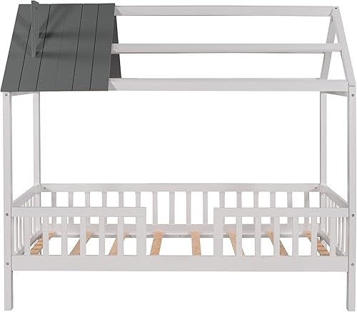 Miniatura 34 de KLMM Cama de madera de tamaño matrimonial con valla y puerta, marco de cama de madera para niños o niñas, se puede decorar (valla blanca + puerta)