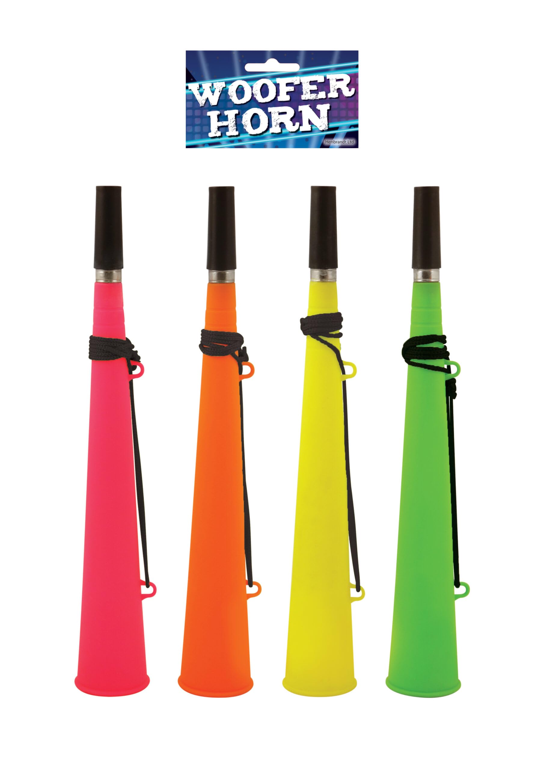 4 Neon Woofer Horns in Pink, Orange, Yellow & Green - Carnival Noise Maker or Football Festival Party Horn (1 of each colour)