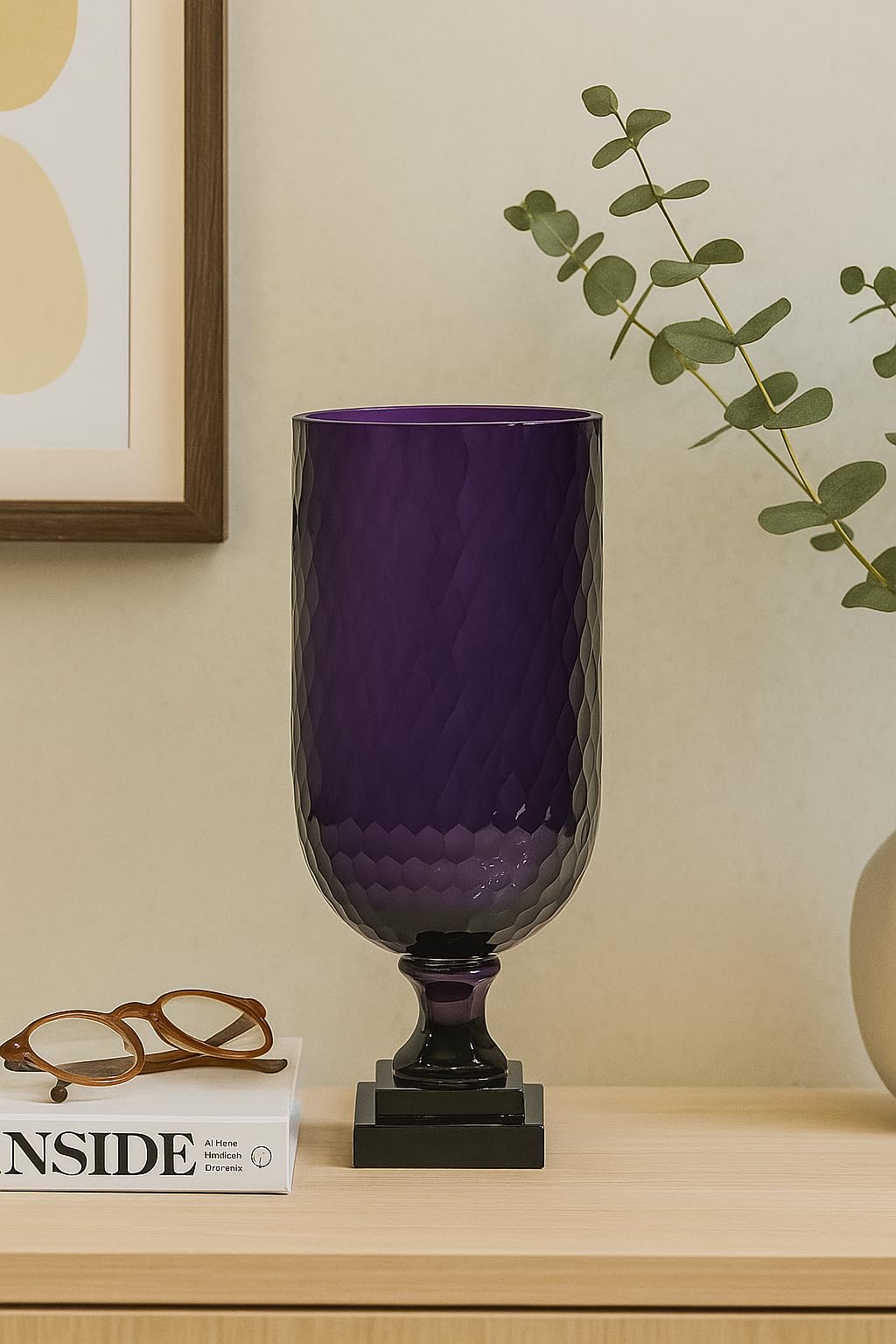 SHOBHANA ENTERPRISES Honeycomb Cut Engraved Hurricane Glass Vase for Home Decor (Size : 15 X 32 cm,) (Voilet)-image-18
