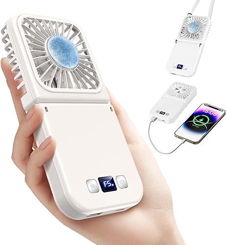 Ventilador portátil de mano con enfriador de hielo, 6 en 1, 7000 mAh, recargable por USB, ventilador de mano personal, banco de energía, pantalla