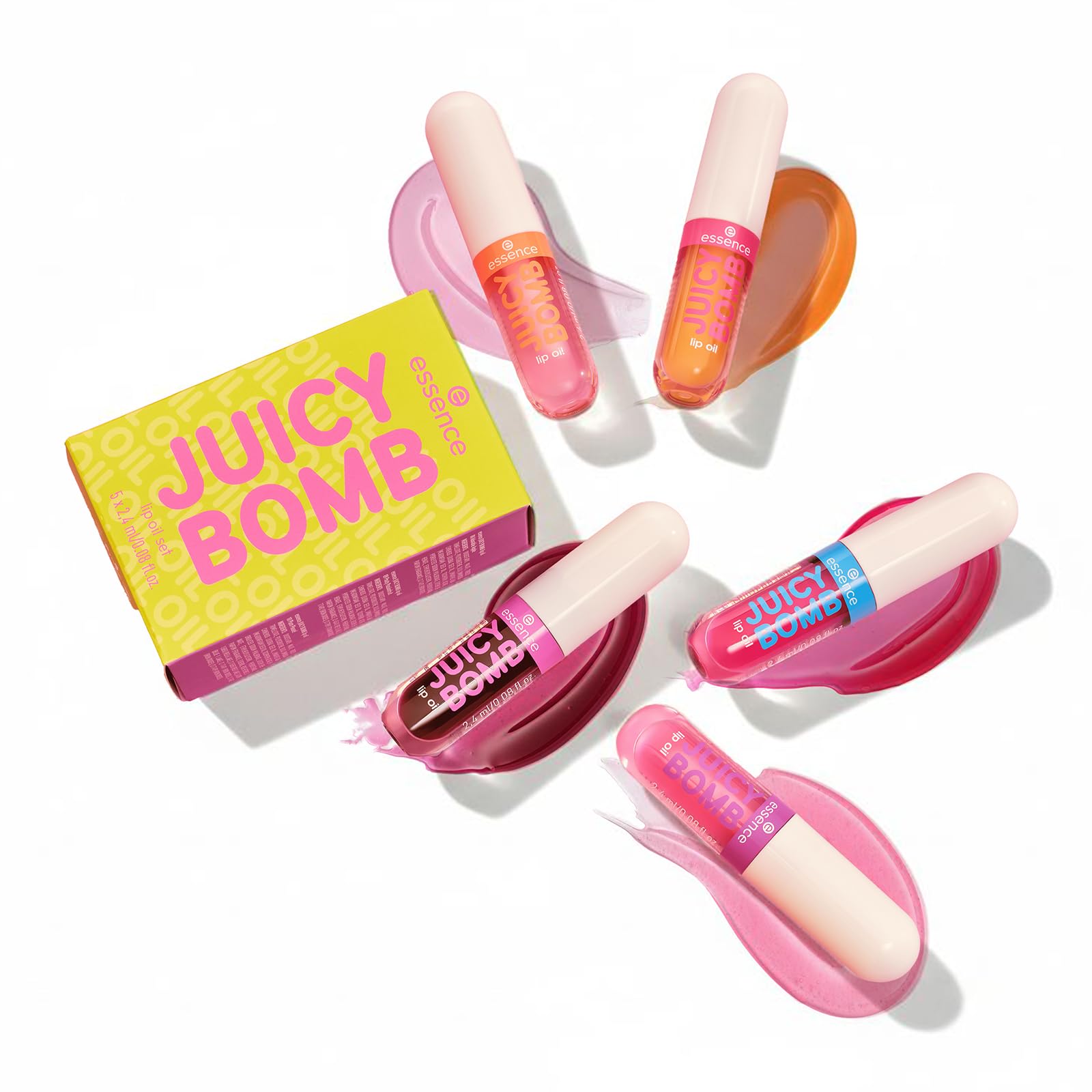 essence JUICY BOMB lip oil set 02 – Pflegendes Lippenöl-Set mit fruchtigem Duft – Glossy Finish – 5 fruchtige Shades – Vegane Kosmetik – 5 x 2,4 ml