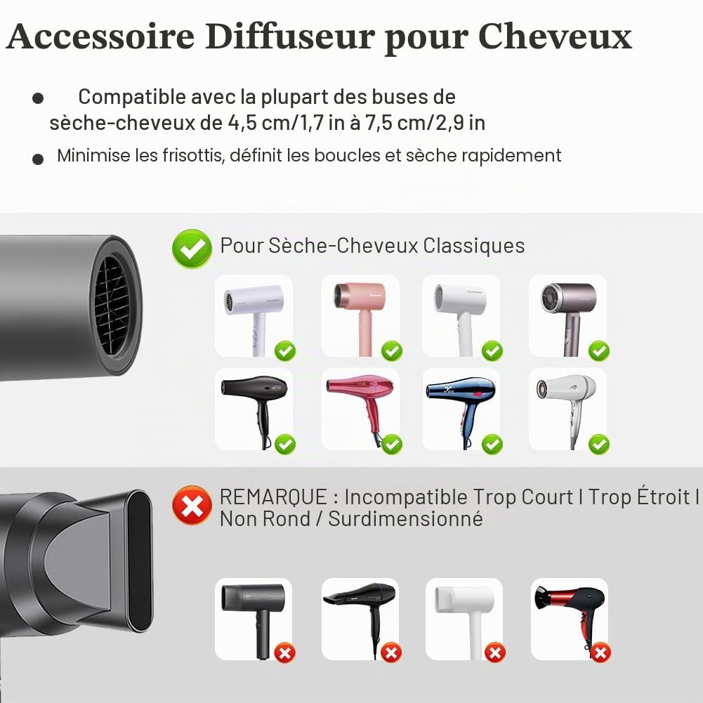 flintronic Diffuseur Seche Cheveux Universel, Diffuseur Cheveux Bouclés Pliable pour Diamètre de 1.7in à 2.9in, avec Brosse Massage Cuir Chevelu, pour Coiffure Cheveux Bouclés ou Ondulés