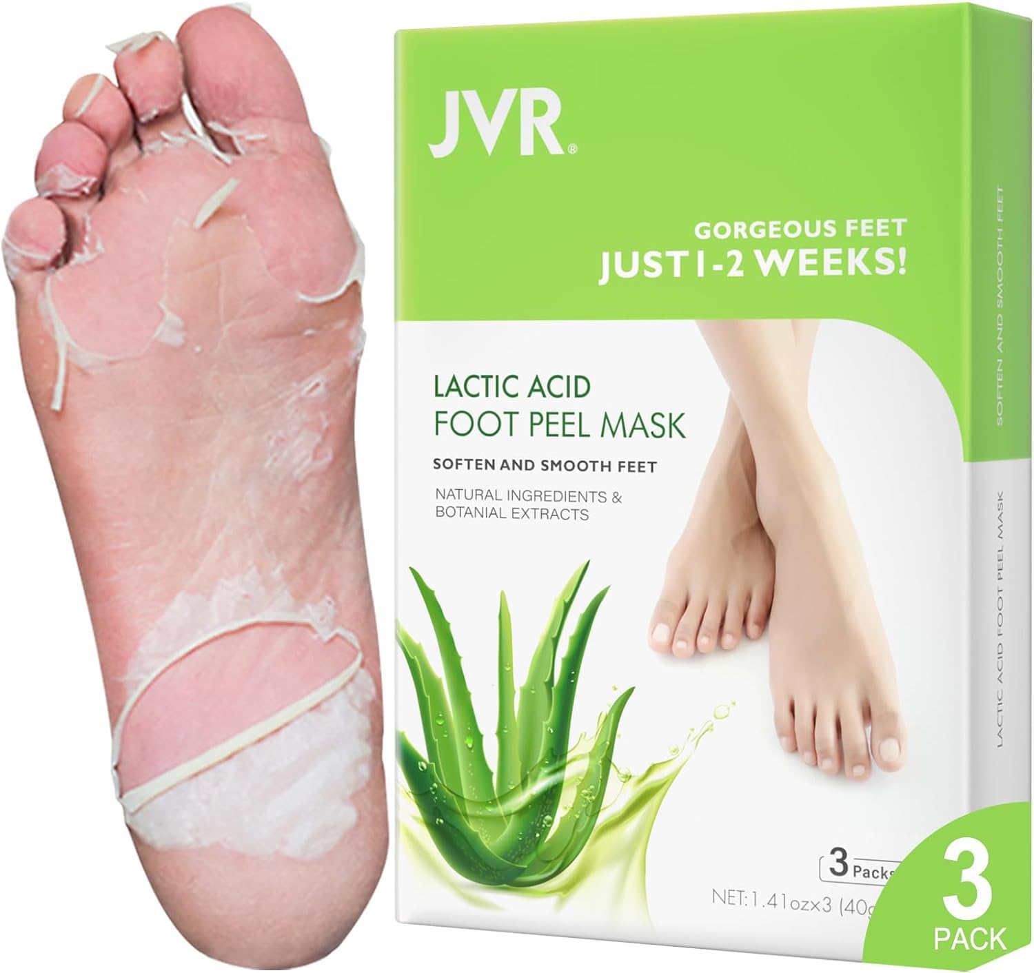 JVR Foot Peel Mask - 3 Pairs - Exfoliating Peeling Callus Remover, Softens Rough, Cracked Heels & Dry Skin, for Smoother and Softer Feet (Aloe Vera)