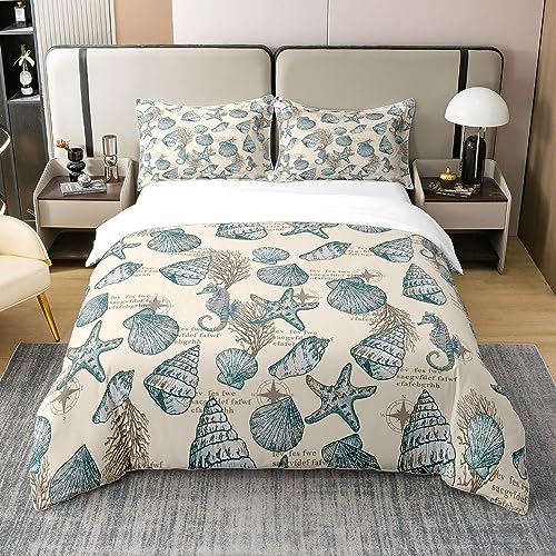 Starfish and Seashells Cotton Duvet Cover Set Ocean Beach Theme Bedding Set for Kids Women Men Retro Nautical Marine Compass Cotton Duvet Cover Set Seahorse Duvet Set King