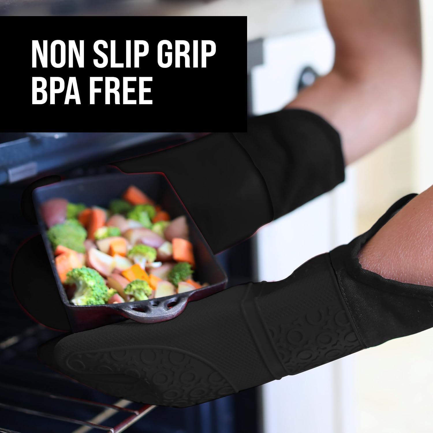 Guanto da forno extra lungo professionale in silicone - 1 paio - Guanto da cucina con guaina trapuntata - nero