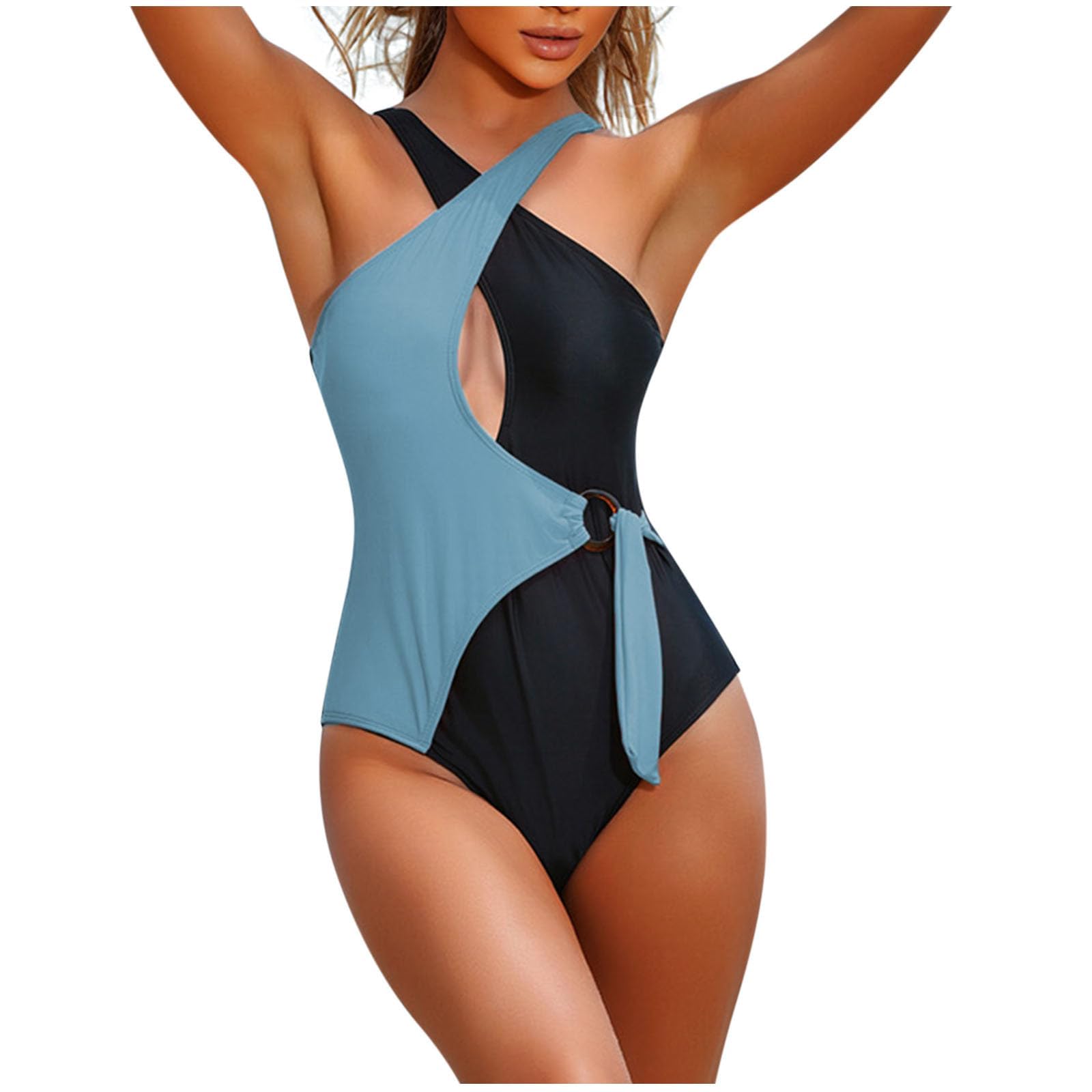 Badeanzug Damen Bauchweg Push Up Schwimmanzug Neckholder Badeanzüge Raffung Einteilige Bademode Swimsuit Ring Farbblock Cut Out Monokini Sexy Shape Strandmode Badebekleidung