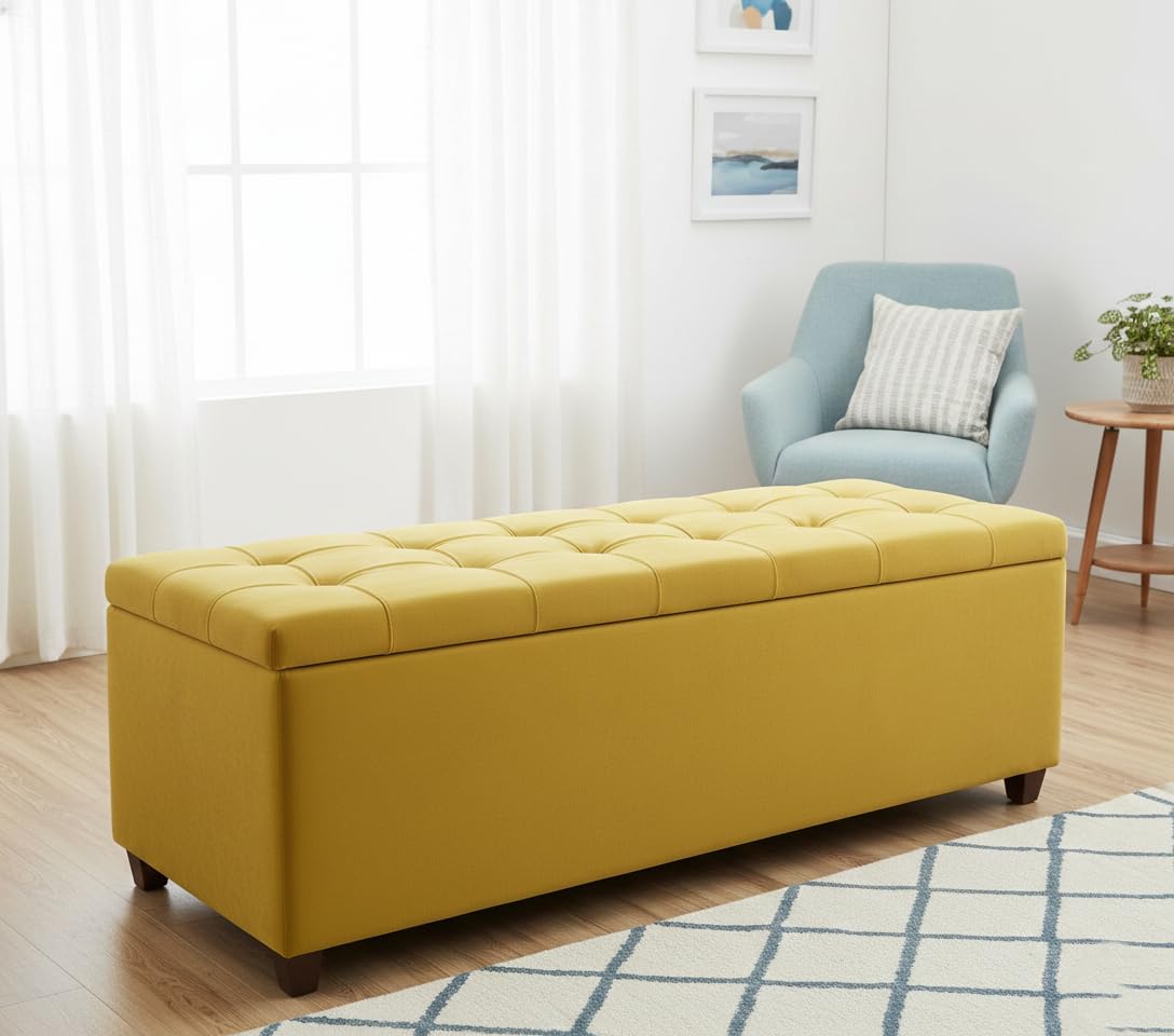 Upholstered Storage Bench Ottoman | Tufted Velvat Fabric Bed Bench for Bedroom, Living Room & Hallway | Ottoman Bench with Storage | Organizer Bench | Bedside Couch with Storage | Dark Beige-image-45