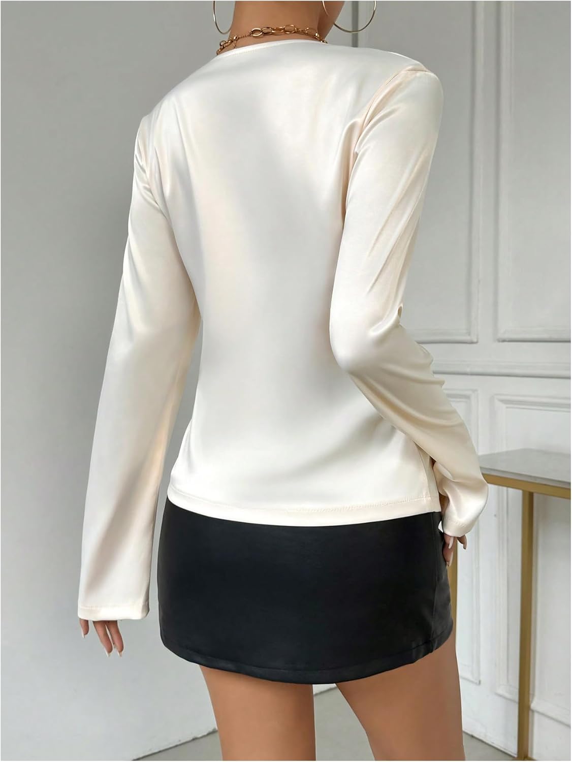 WDIRARA Women's Twist Tie Front Satin Blouse Ruched Deep V Neck Long Sleeve Tops - Image 2