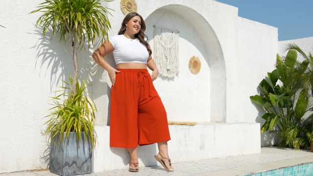 LIGHTBACK Women's Plus Size Wide Leg Capri Pants Loose Lounge