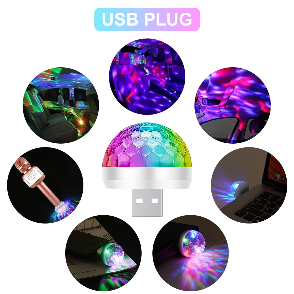URAQT USB Lights Disco, Mini Disco Ball Lights, 4 kolorowe samochodowe lampki nastrojowe LED, Przenośne Mini Disco Lights RGB z 3 adapterami, Nadaje się na imprezę, klub, urodziny, karaoke (Biały)