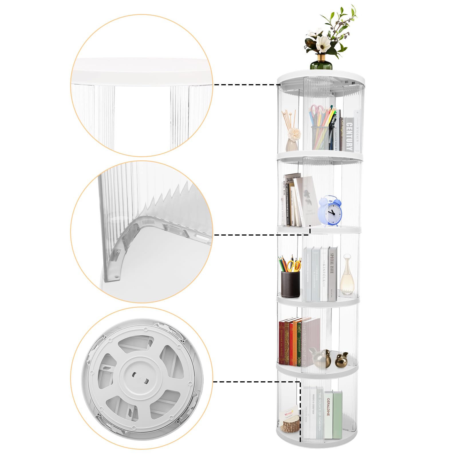 Libreria girevole moderna a 360°, libreria a 5 livelli, per studio, dormitorio, caffè, tè, bianco, 40,5 x 168,5 cm
