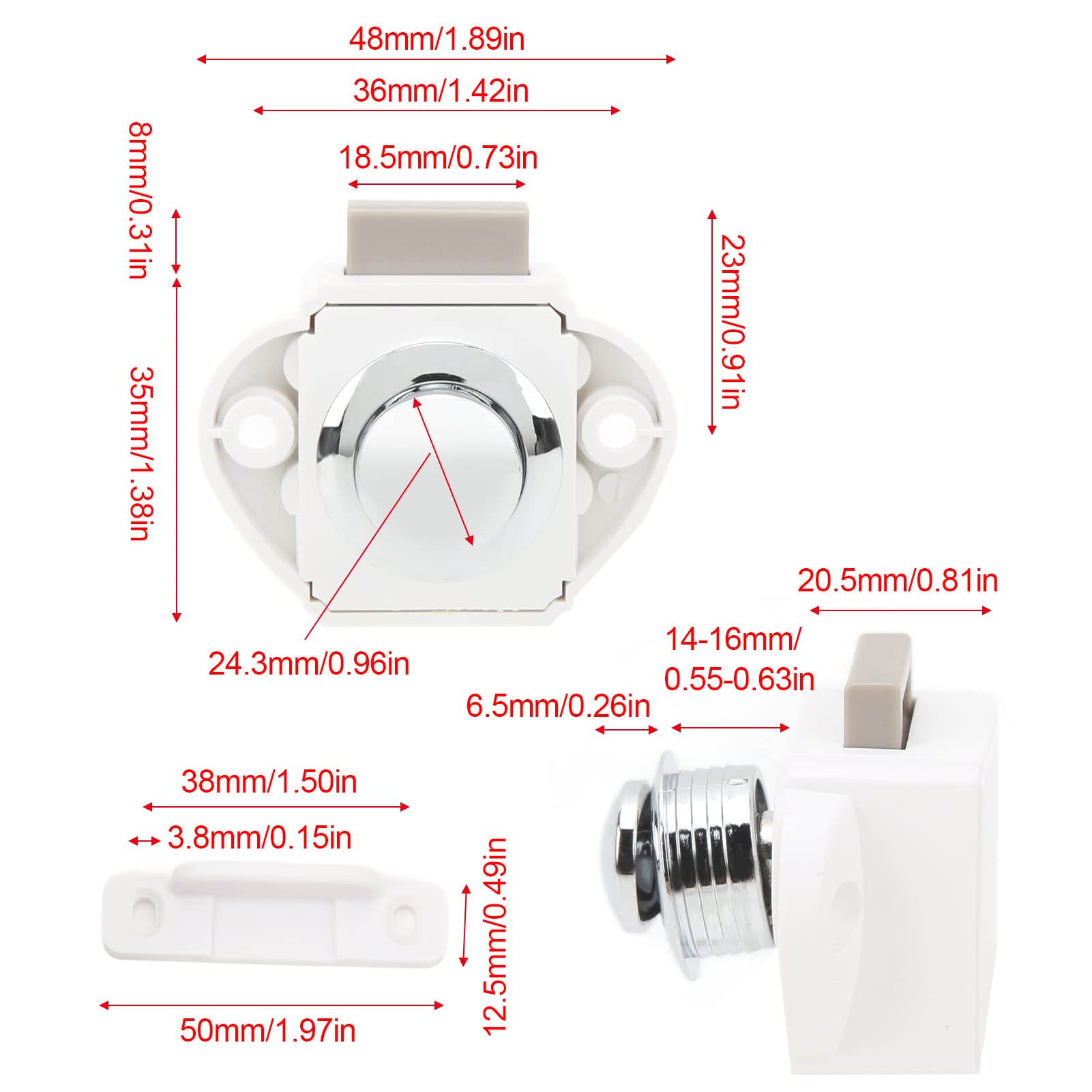 Chiusura a Pulsante, 5 Pezzi in Lega di Zinco Serrature per Armadi Senza Chiave Chiusure per Porte di Armadi per Hardware per Mobili con Spessore Porta 14-16 mm