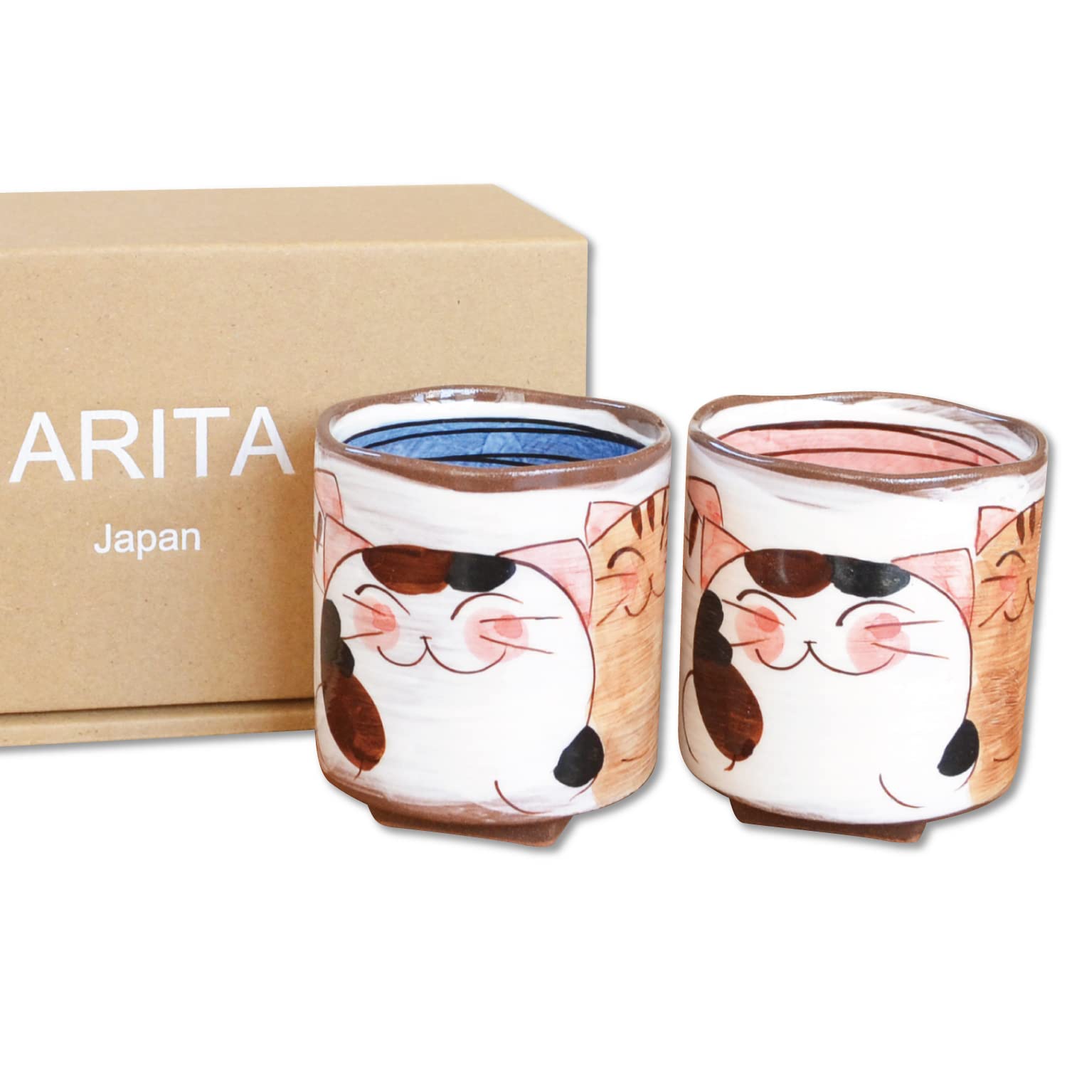 有田焼やきもの市場 Japanese Yunomi Tea Cup for Green Tea set of 2 Arita Imari ware Made in Japan Nakayoshi Neko Three Cats