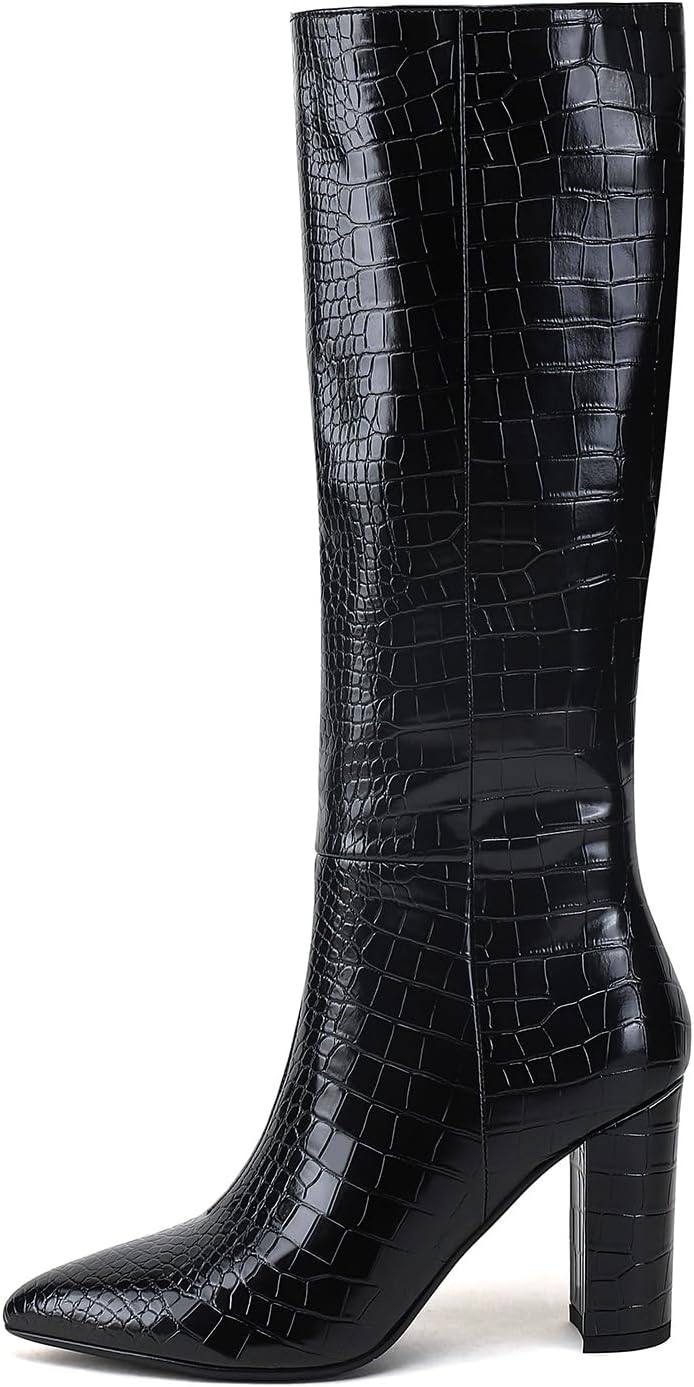 Modatope Knee High Women's Riding Boots - Tall, Long Calf High GoGo Chunky Faux Crocodile Boots - Block Heel Pointed Toe - Size 6-11 - Image 7
