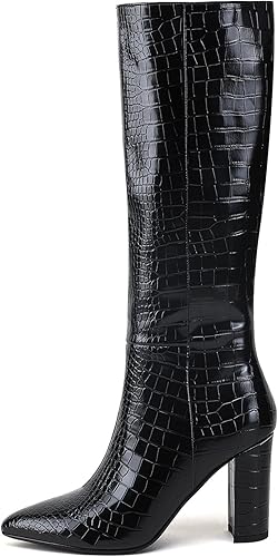 Miniatura 7 de Modatope Botas altas de equitación para mujer hasta la rodilla, altas y largas, botas de cocodrilo de imitación GoGo, tacón de bloque, punta