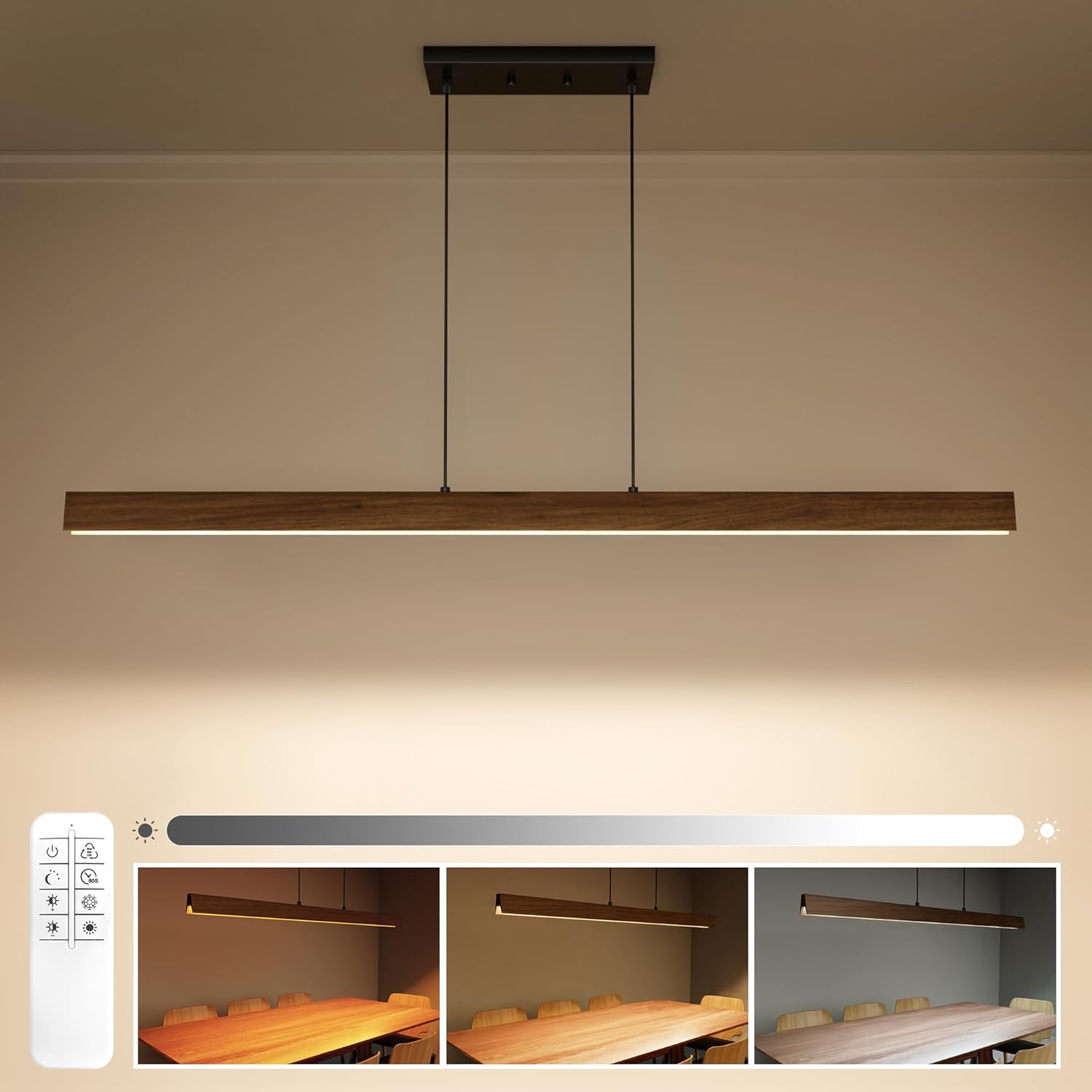 Ensenior 47" Wood Linear Pendant Light, 3CCT Dimmable LED Island Lights with Adjustable Height, Modern Linear Chandeliers for Dining Room, Kitchen Island, Bar and Pool Table-Trapezoid Trapezium 47 inches