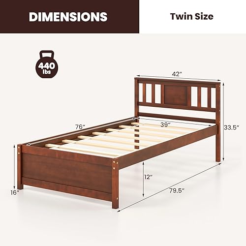 Miniatura 2 de Giantex Marco de cama individual con cabecero, cama de plataforma de madera maciza de mediados de siglo, cama de panel individual con soporte de