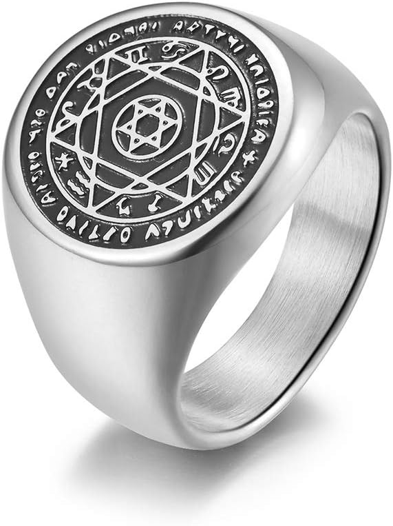 Sivler/Talisman Seal Solomon Hexagram 12 Constellation Rings Stainless Steel Engagement Band for Men Size 8-12