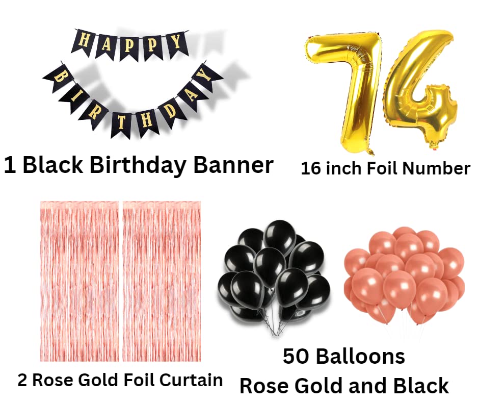 Image of 74th Birthday Decoration items for Girls with Black and Rose Gold Balloons, Black Happy Birthday Banner, Rose Gold Foil Curtain, Foil Balloon number 74