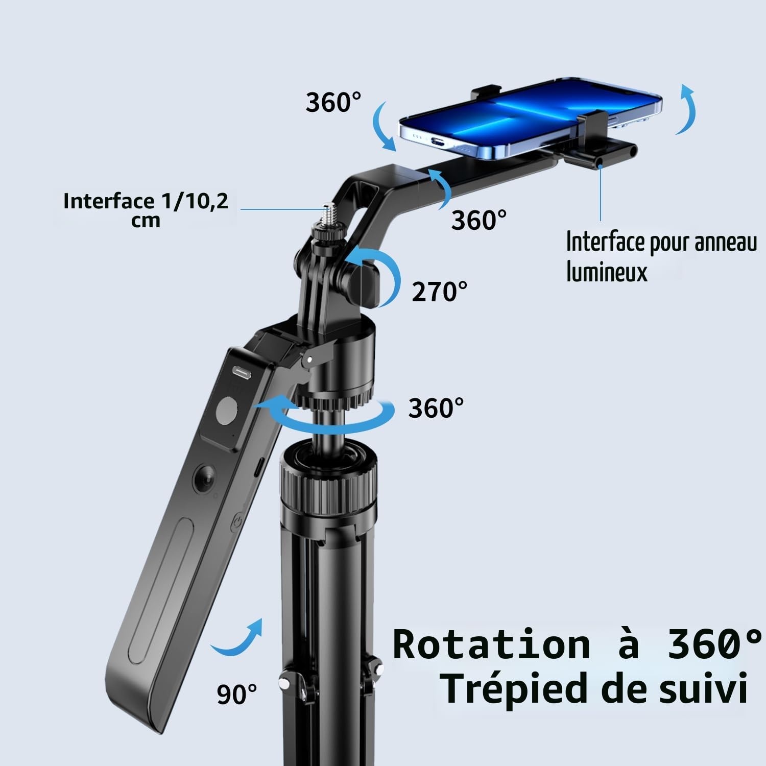 yAyusi Trépied de Suivi Automatique du Visage avec Lumière, 360° Rotation 180CM Perche Selfie Trépied de Téléphone avec Télécommande, Support Caméra Téléphone avec Capteur Mouvement pour Vlog/Vidéo
