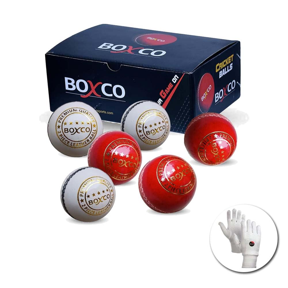 Boxco Hand Stitched Cricket Leather Ball Red and White Combo, Pack of 6, Free Cotton Inner Gloves (Premium Two Part)-image-36