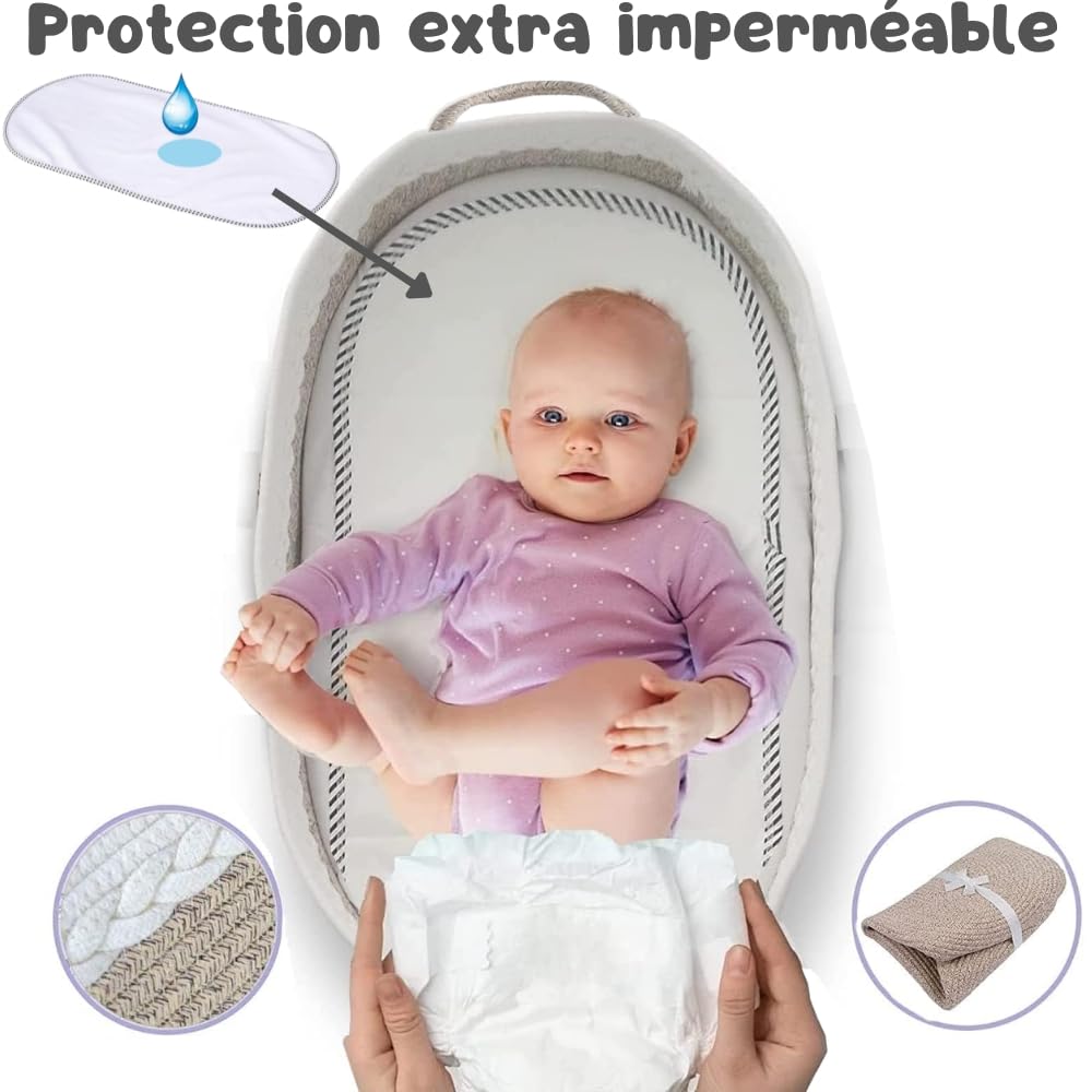 Panier à langer portable et pliable pour matelas à langer + matelas doux + housse amovible + protection extra imperméable + sac de voyage