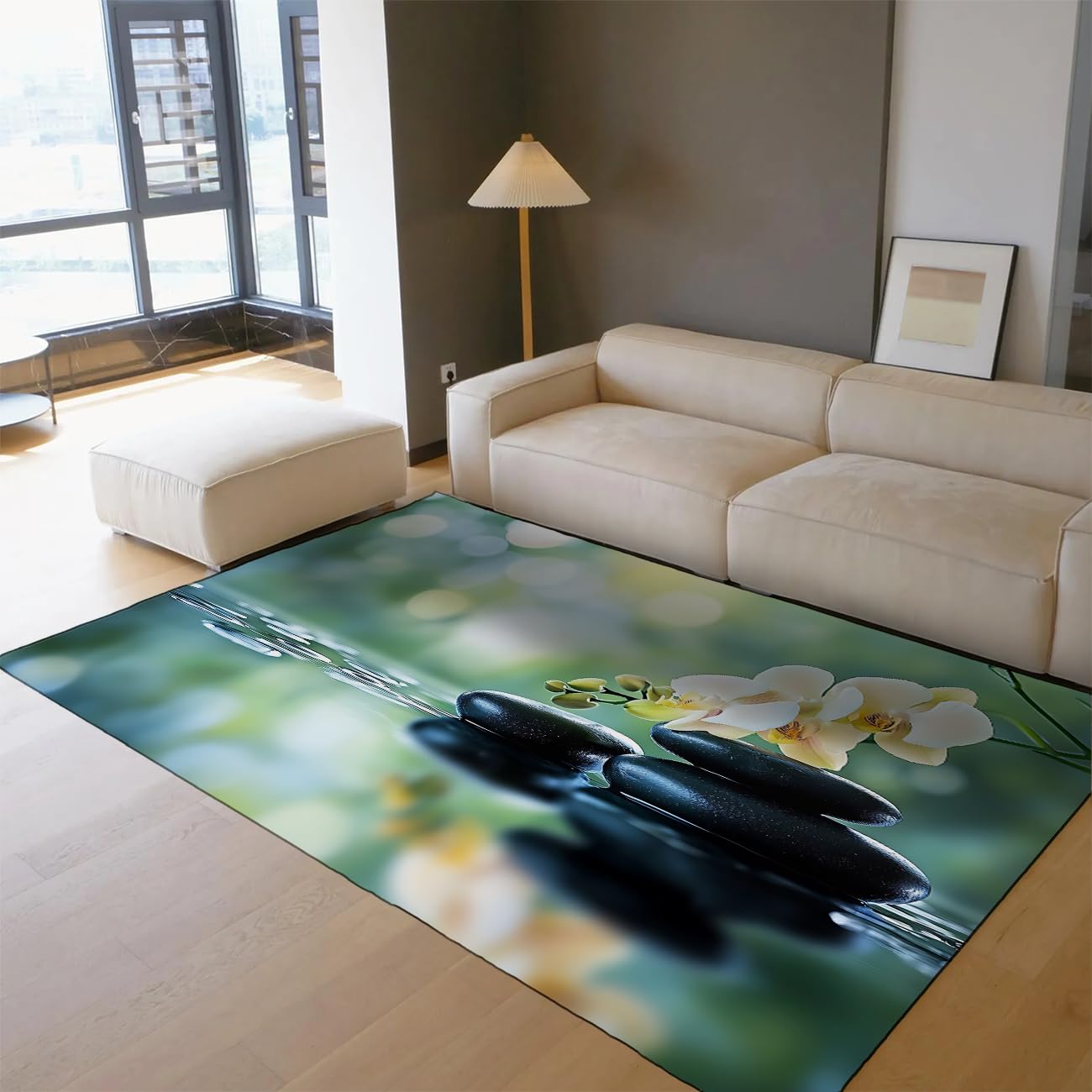 Espace méditation 160x230cm Tapis d’Espace Pierres calmantes et orchidées sur Eau Lavage à Machine à moquettes à Poil Bas et Confortable pour Spa Salle Bain décoration du Sol