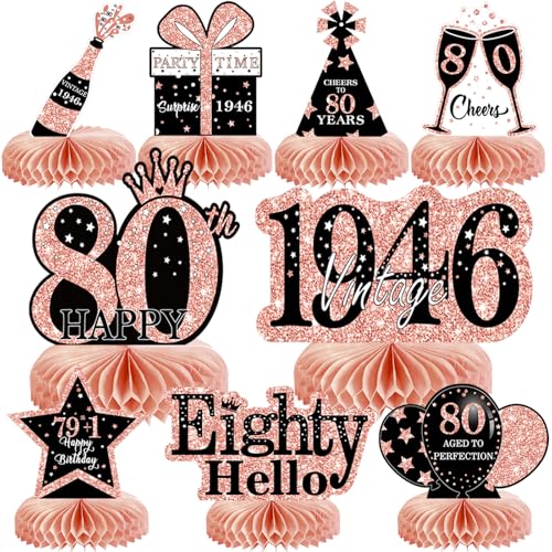 Image of 9Pcs 80th Birthday Decorations Honeycomb Centerpieces for Women, Rose Gold Happy 80th Birthday Centerpieces Tables Toppers Party Decorations Supplies, Vintage 1946 Aged Table Sign Decor