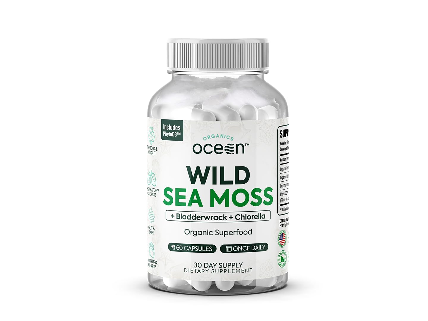 Wild Sea Moss Capsules - 100% Organic Irish Sea Moss with Organic Chlorella, Bladderwrack and Vitamin D for Energy, Lung Health and Thyroid Support for Women and Men - 60 Capsules