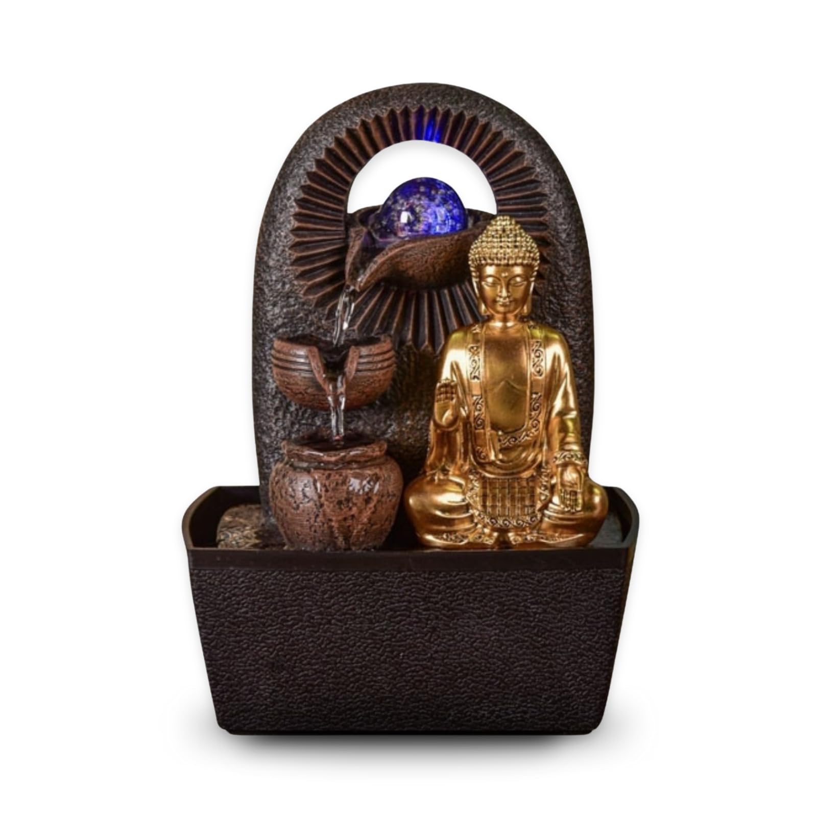 Fontana Buddha Bhava – Fontana interna Buddha rimovibile – Regali – Oggetto decorativo Zen Buddismo – Fontana da tavolo Luce LED – Circuito chiuso – Marrone e Dorato – H 26 cm – Zen'Light