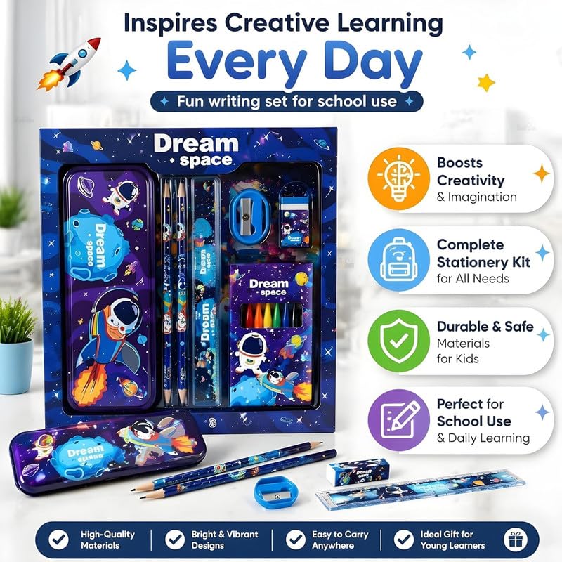 Image of Kids Stationery Set for Boys & Girls | 12-Piece School Supplies Kit with Pencils, Eraser, Sharpener & Ruler | Learning Gift Set for Kids Age 3-15 Years | Return Gift for Birthday Party