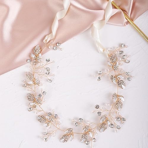 Miniatura 6 de BERYUAN Boda de hoja de oro de cristal de vid de diamantes de imitación postizo dorado novia hecho a mano accesorio para el cabello de cuentas de