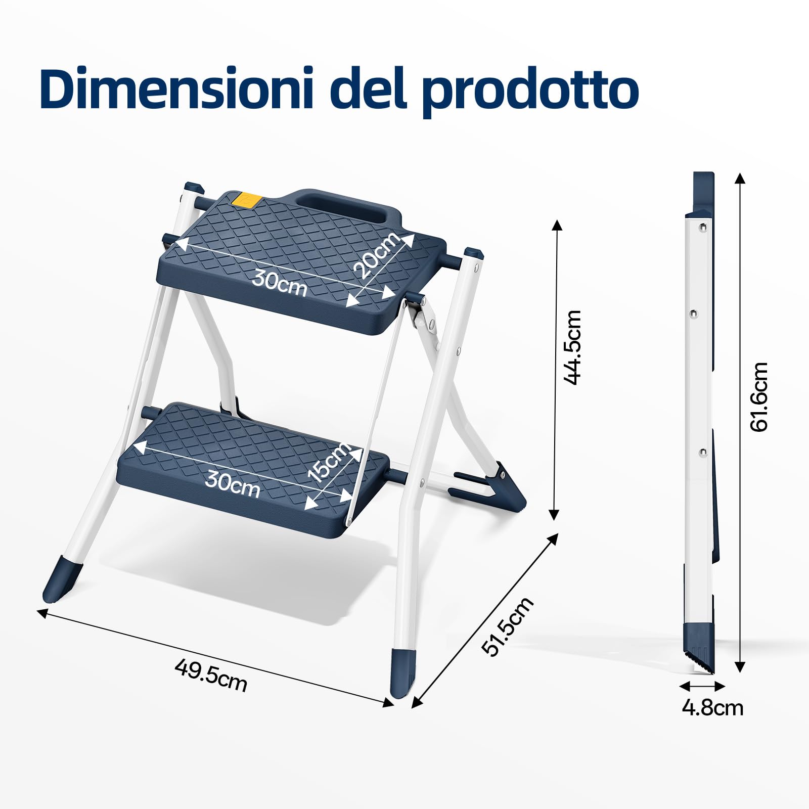 Urackify Scaletta 2 Gradini, Scalino Pieghevole con Pulsante di Sblocco | Sgabello con Pedana Antiscivolo, Leggero in Acciaio per Casa, Cucina, Camper, Roulotte, Portata fino a 150 kg, Blu