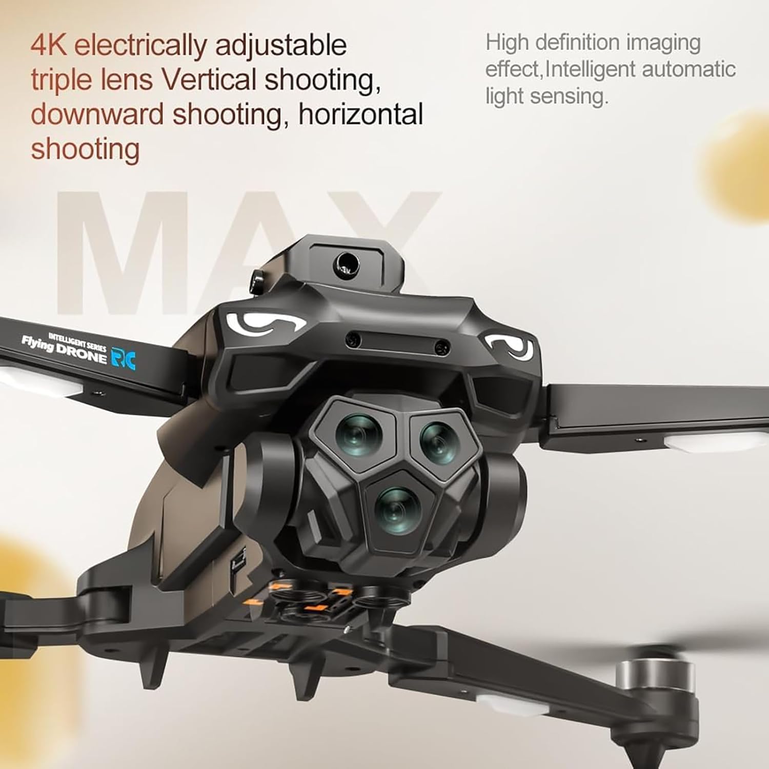 Close-up of the drone's 4K adjustable triple camera system.
