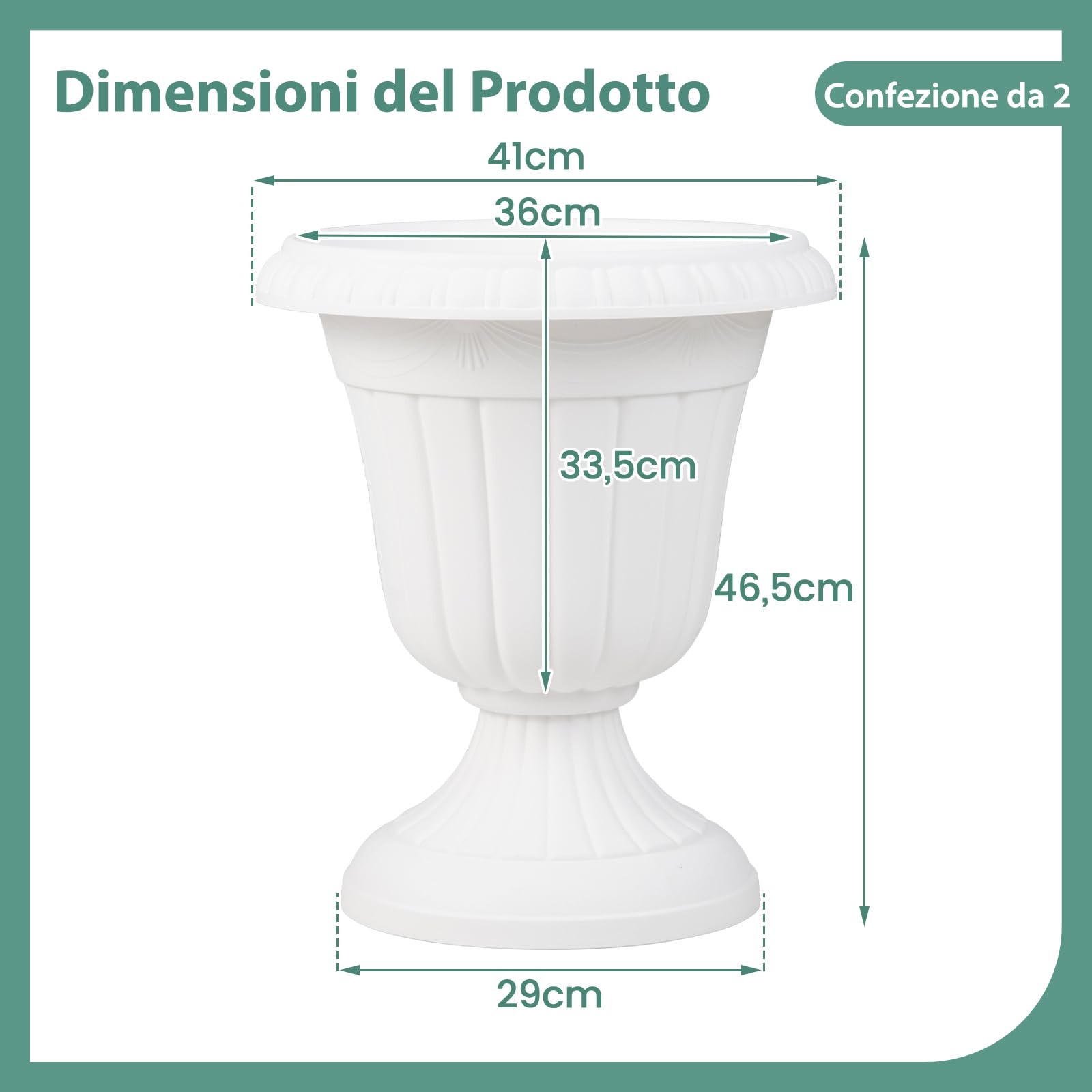 RELAX4LIFE Fioriera da Esterno, Set di 2 Vasi per Piante a Forma di Urna con Base a Piedistallo e Foro di Drenaggio, Fioriera in Plastica per Giardino, Balcone e Ingresso (Bianco, 46,5cm)