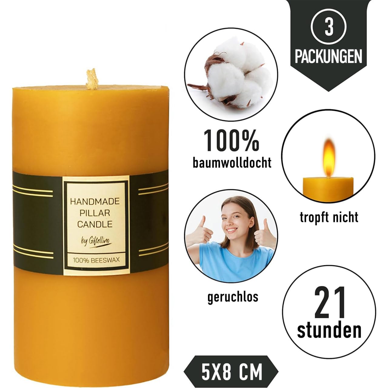 100% Reines Bienenwachs-Säulenkerzenset von 3 Stück - 21 Stunden dauerhafte rauchfreie Säulenkerzen mit Baumwolldocht - Unparfümiertes Kerzenliebhaber-Geschenk - Tropffreie Bienenwachs-Säulen
