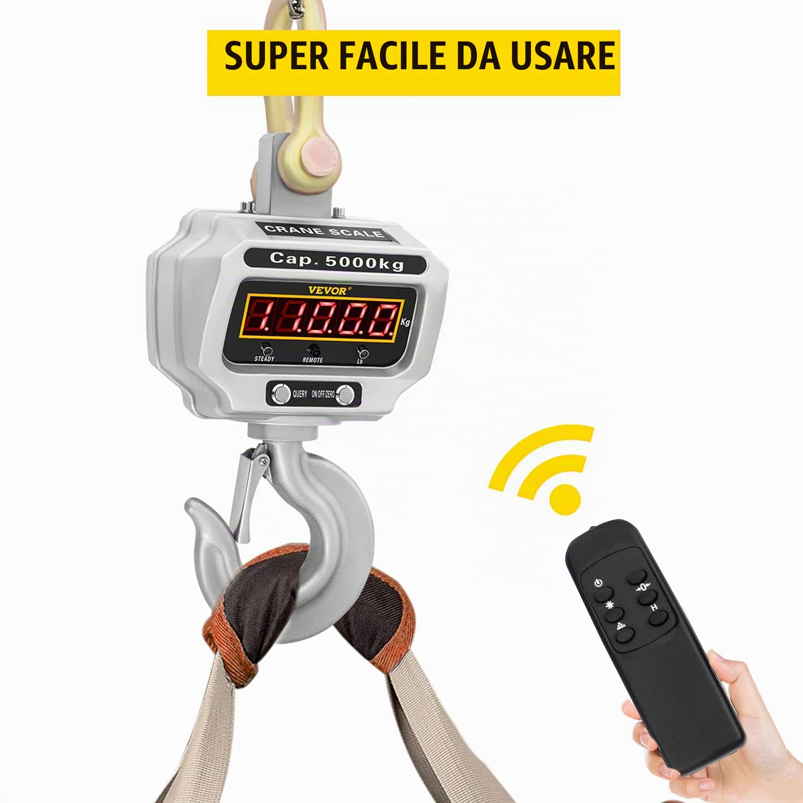 VEVOR Bilancia a Gancio Digitale da 5000kg, Bilancia Dinamometro con Gru di Elevata Precisione, Gancio Elettronico Pesapersone Elettronica Portatile con Display LCD