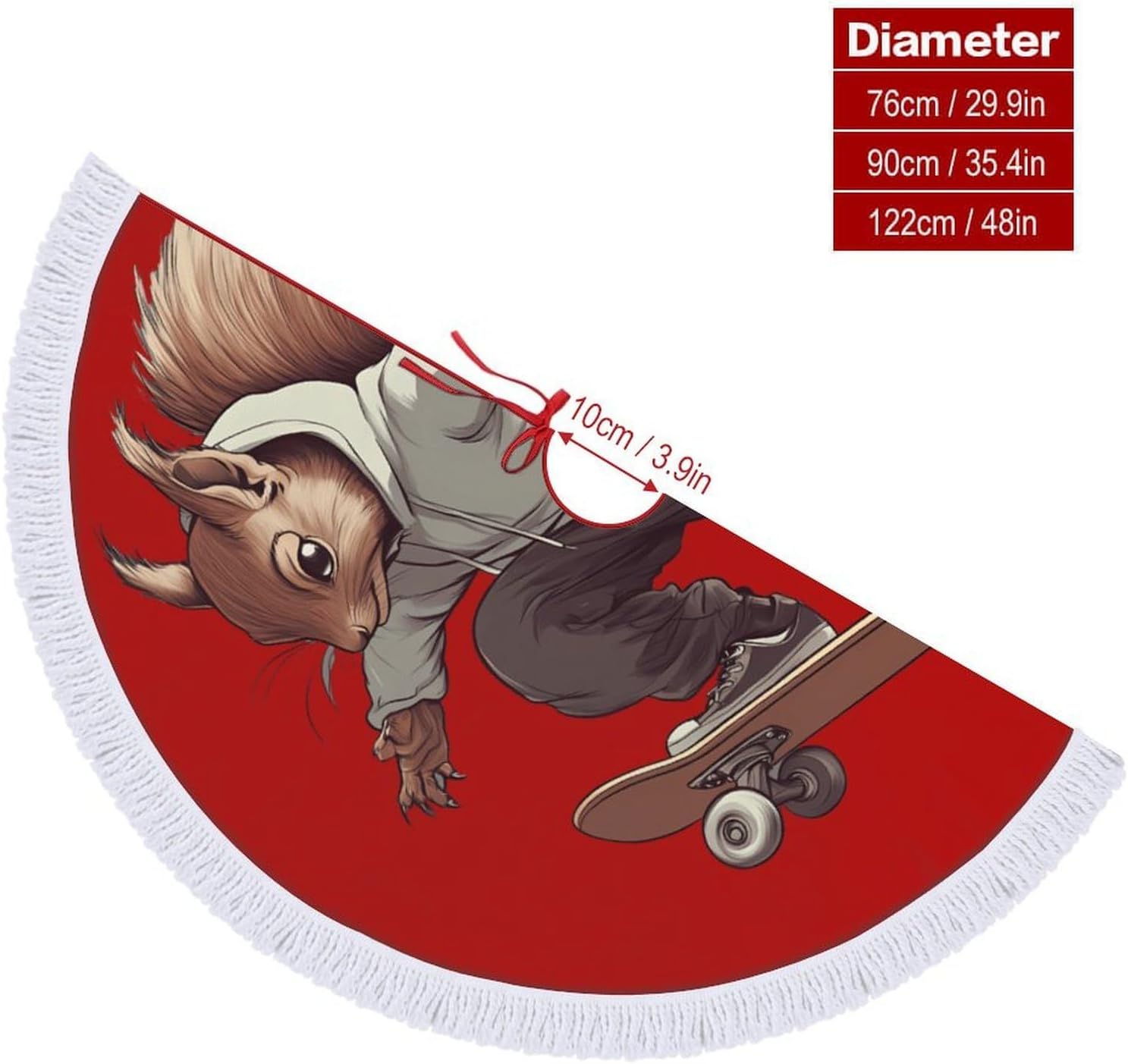 Funny Squirrel Skateboard Skater Christmas Tree Skirt Round Xmas Tree Mat Ornaments Tree Skirts with Tassels for Holiday Party