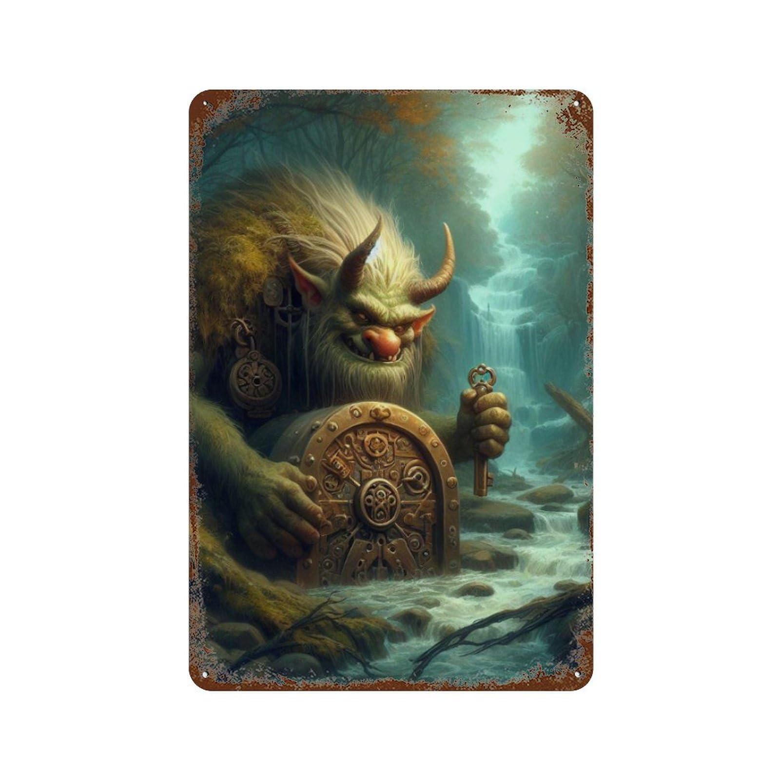 Distressed Metal Wall Sign Fantasy Troll Holding Key 11.8"x7.9", Vintage Wall Decor for Garage, Bar And Workshop Decor