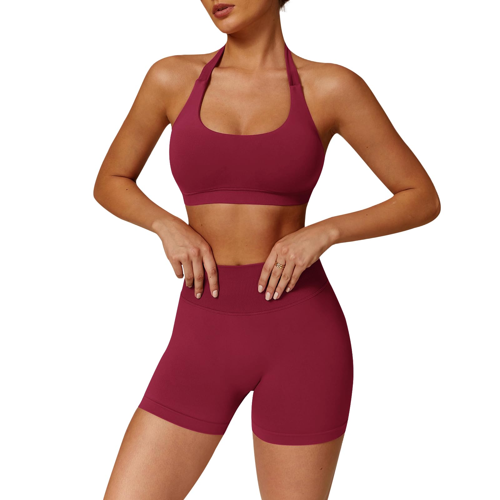 Set di allenamento senza cuciture per le donne 2 pezzi Halter Backless reggiseni sportivi nascosti pantaloncini elastici abiti da yoga tuta da palestra