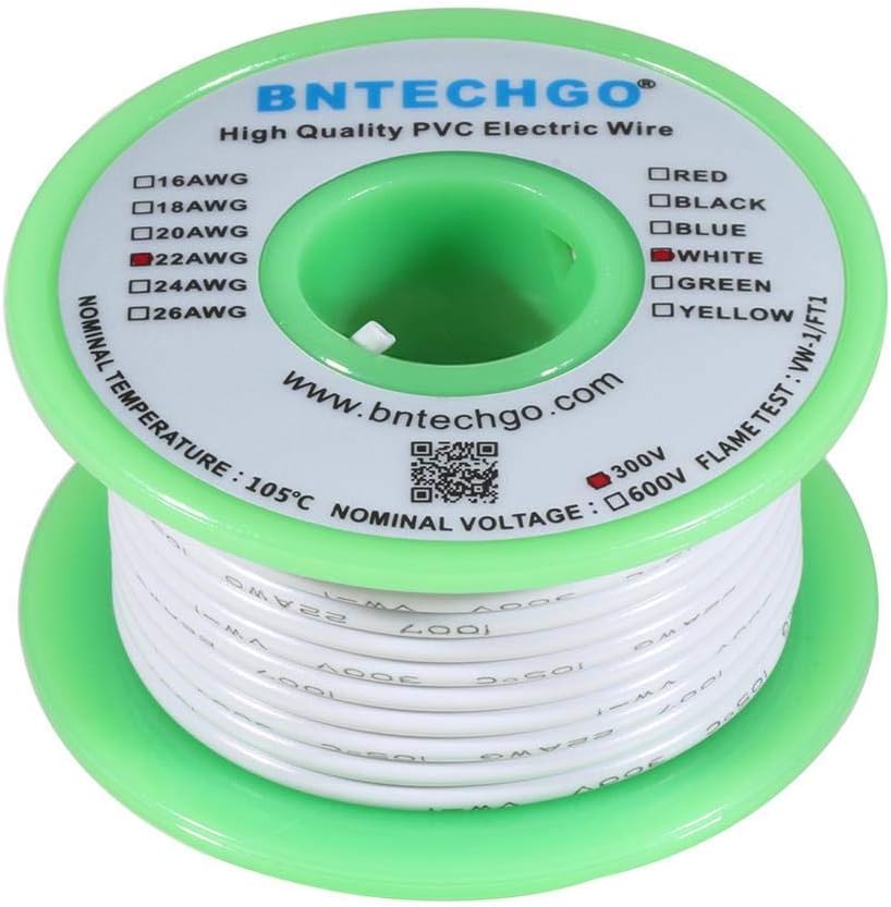 BNTECHGO 22 Gauge PVC 1007 Solid Electric Wire White 50 ft 22 AWG 1007 Hook Up Tinned Copper Wire