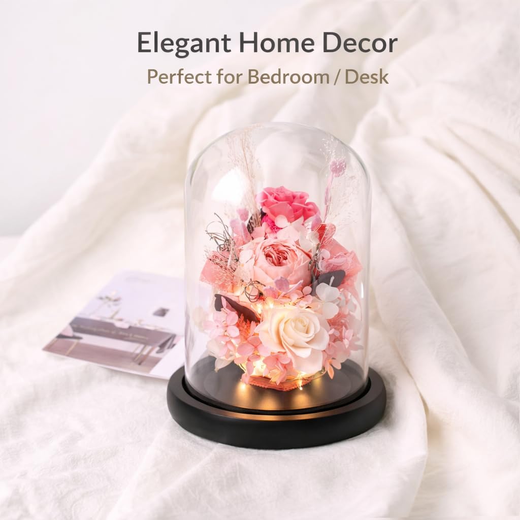 Preserved Rose in Glass Dome with LED Light, Handmade Forever Flowers Gift for Women, Romantic Gift for Birthday, Anniversary, Valentine’s Day, Gift Box Included