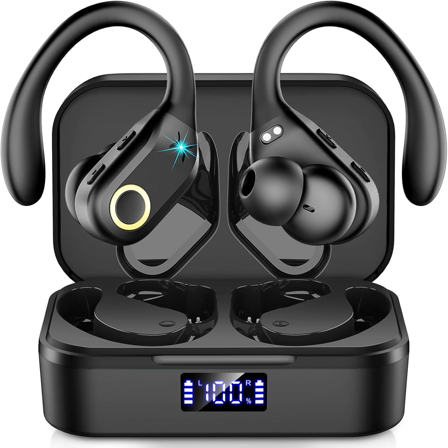 Wireless Earbuds Bluetooth 5.3 Headphones Sports, HiFi Stereo Ear Buds, 60H Playtime, ENC Noise Canceling, USB-C Charging, Button Control, IPX7 Waterproof Earhooks Earphones for Sports/Workout/Running