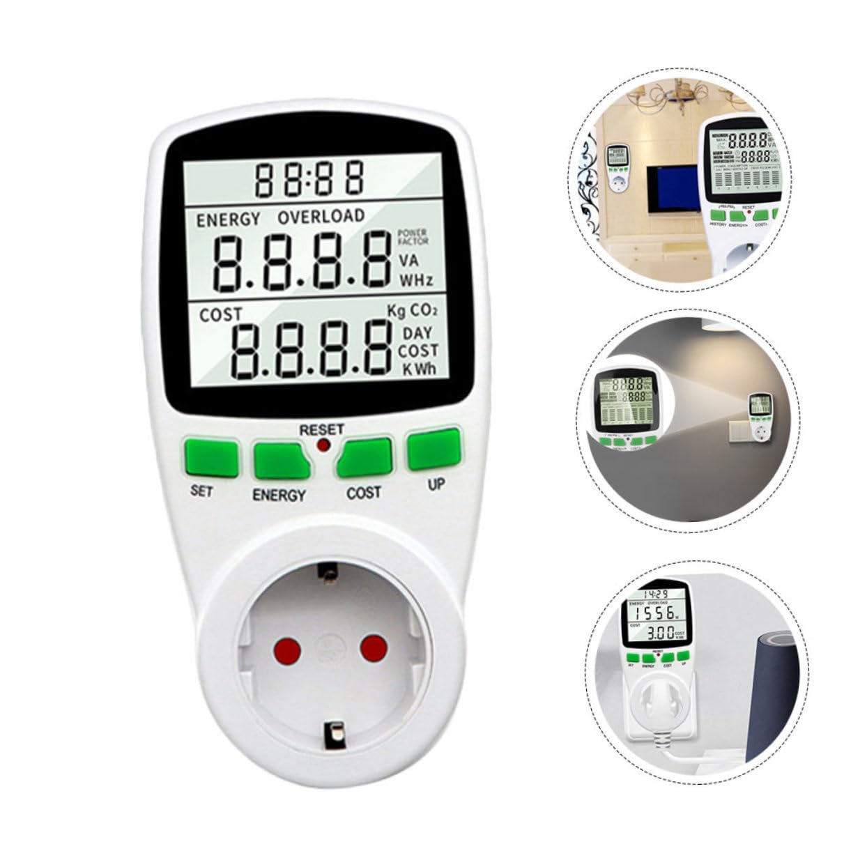 Misuratore di Consumo Elettrico Digitale da Presa Ac230v 16a | Lcd Retroilluminato Grande, Misura Energia, Ampere e Fattore di Potenza, Memoria Min/max e Costo