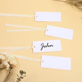 50 Pcs Place Cards for Table Setting, Blank Table Name Cards with Beige Satin Ribbon Wedding Place Card Hanging Gift Tags for Wedding Dinner Party Supplies